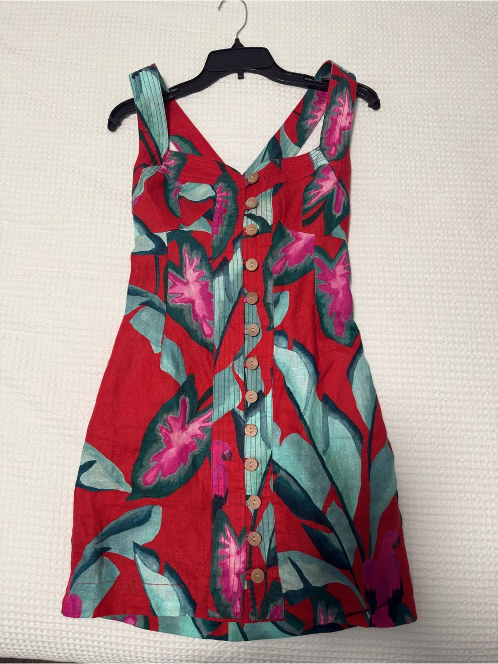 FARM Rio Red Tropical Button-Front Mini Dress with Turquoise & Pink Leaves - Picture 4 of 9